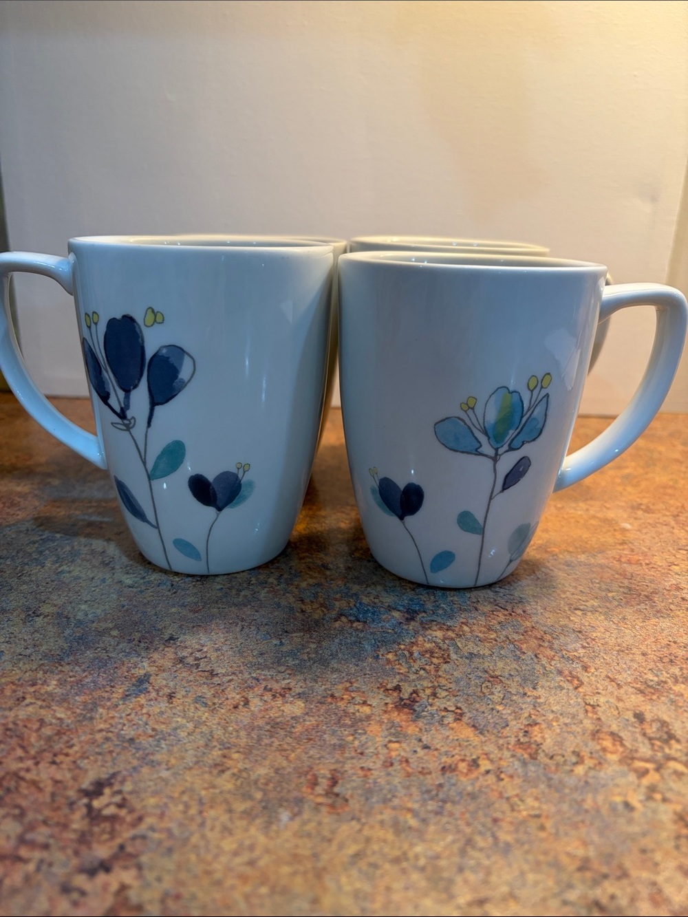 Corelle Coordinates White Mugs with Blue and Teal Floral Accents. Porcelain